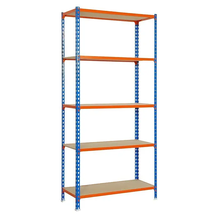 Simonrack Maderclick Metallregal - L x B x H: 30 x 90 x 180 cm, Traglast: 150 kg/Boden, Anzahl Böden: 5 Stk., Stecken, Blau/Orange - Diagonale Ansicht