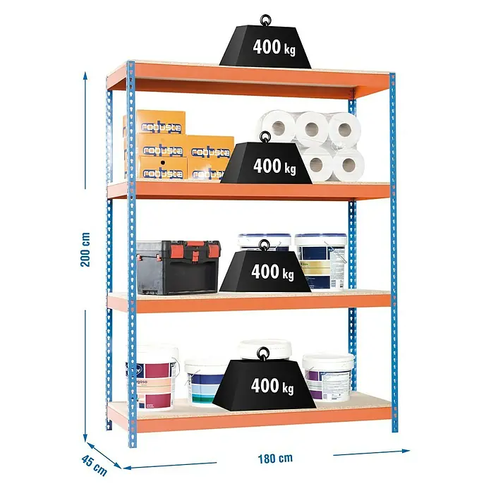 Simonrack Ecoforte Metall-Schwerlastregal - L x B x H: 45 x 180 x 200 cm, Traglast: 400 kg/Boden, Anzahl Böden: 4 Stk., Blau/Orange - Skizze