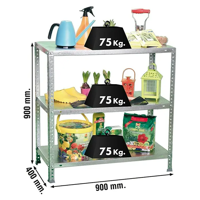 Simonrack Simonclassic Metallregal Advantage - L x B x H: 40 x 90 x 90 cm, Traglast: 75 kg/Boden, Anzahl Böden: 3 Stk., Schrauben, Silber - Skizze