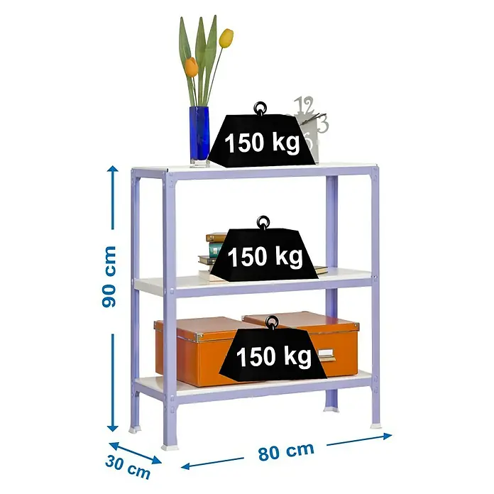 Simonrack Homeclick Metallregal Mini - L x B x H: 30 x 80 x 90 cm, Traglast: 150 kg/Boden, Anzahl Böden: 3 Stk., Lila - Skizze
