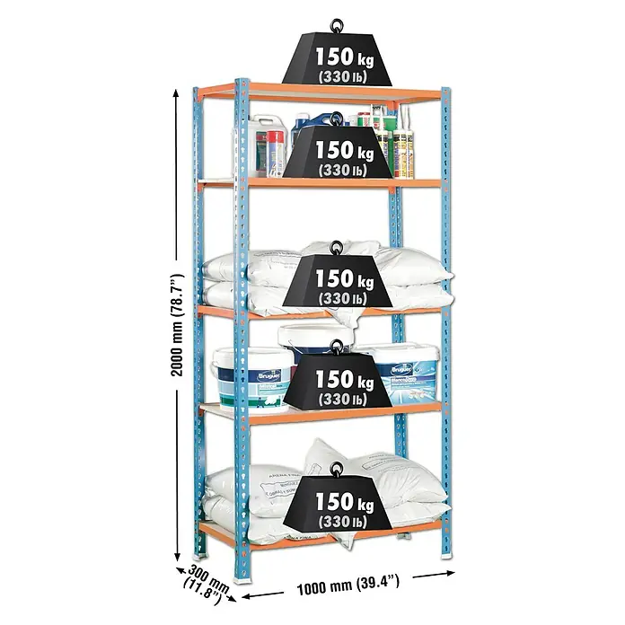 Simonrack Maderclick Metallregal Plus - L x B x H: 30 x 100 x 200 cm, Traglast: 150 kg/Boden, Anzahl Böden: 5 Stk., Stecken, Blau/Orange - Skizze