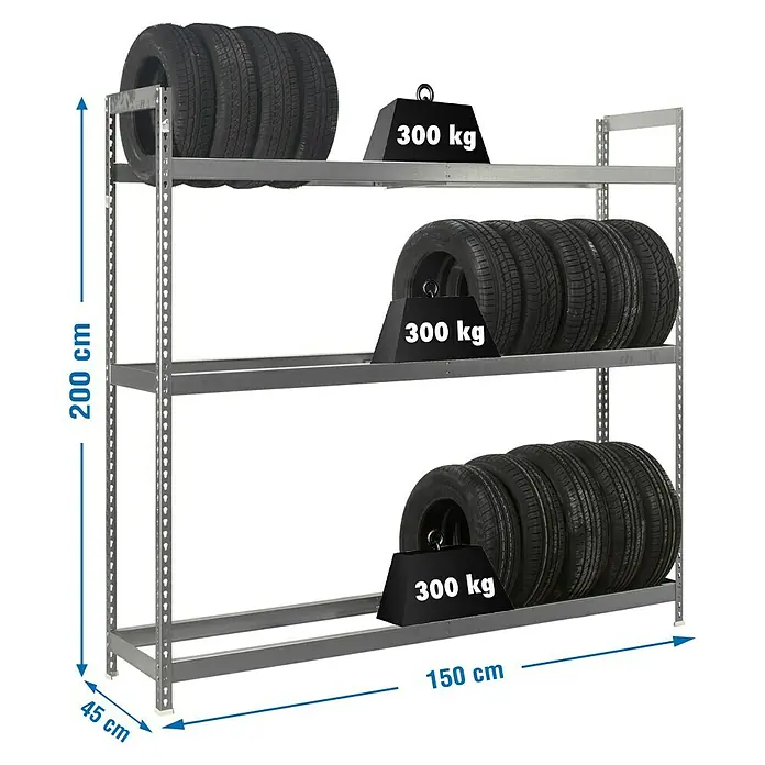 Simonrack Simonauto Metall-Reifenregal Autoforte - L x B x H: 45 x 150 x 200 cm, Traglast: 120 kg/Boden, Anzahl Böden: 3 Stk., Silber - Skizze