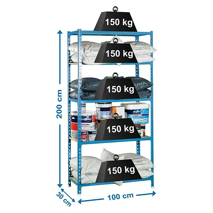 Simonrack Maderclick Metallregal Plus - L x B x H: 30 x 100 x 200 cm, Traglast: 150 kg/Boden, Anzahl Böden: 5 Stk., Stecken, Blau - Skizze