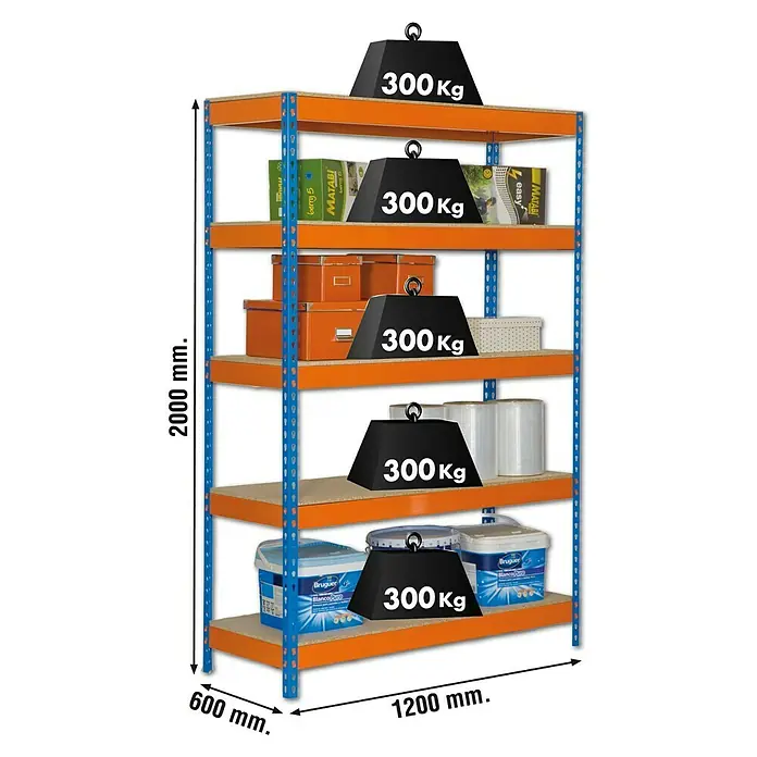 Simonrack Bricoforte Metall-Schwerlastregal - L x B x H: 60 x 120 x 200 cm, Traglast: 300 kg/Boden, Anzahl Böden: 5 Stk., Blau/Orange, Material Boden: Holz - Skizze