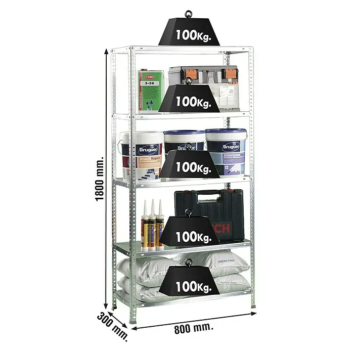 Simonrack Comfort Metallregal - L x B x H: 30 x 80 x 180 cm, Traglast: 100 kg/Boden, Anzahl Böden: 5 Stk., Schrauben, Silber - Skizze