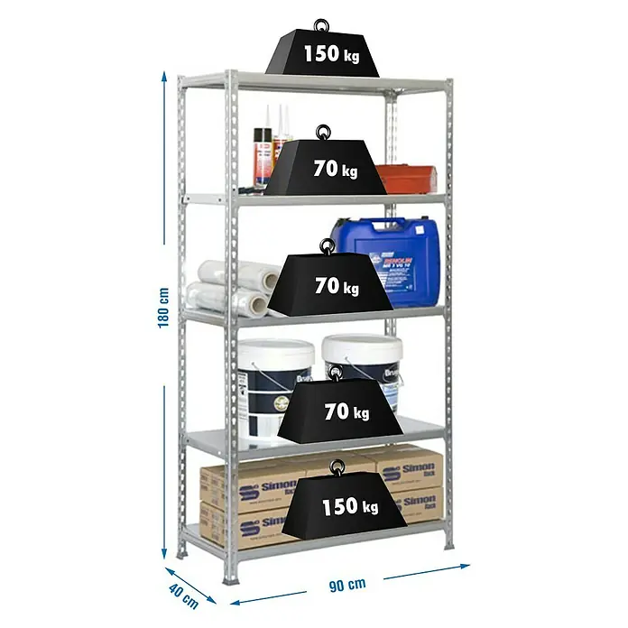 Simonrack Simonclick Metallregal - L x B x H: 40 x 90 x 180 cm, Traglast: 150 kg/Boden, Anzahl Böden: 5 Stk., Stecken, Silber - Skizze