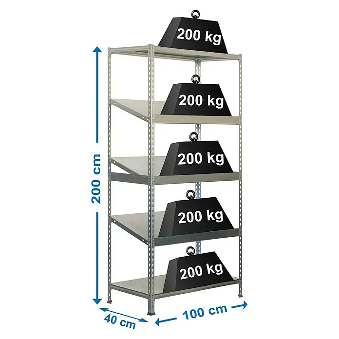 Simonrack Simonclick Metallregal Simonexpo - L x B x H: 50 x 100 x 200 cm, Traglast: 200 kg/Boden, Anzahl Böden: 5 Stk., Montageart: Stecken, Silber - Skizze