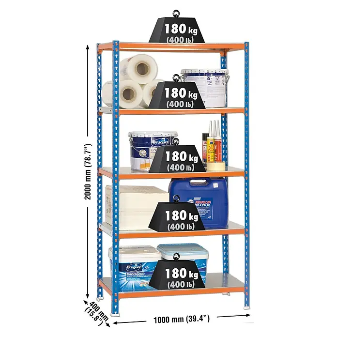 Simonrack Simonclick Metallregal Plus - L x B x H: 40 x 100 x 200 cm, Traglast: 180 kg/Boden, Anzahl Böden: 5 Stk., Stecken, Blau/Orange - Skizze