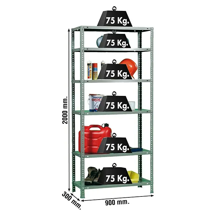 Simonrack Simonclassic Metallregal Advantage - L x B x H: 30 x 90 x 200 cm, Traglast: 75 kg/Boden, Anzahl Böden: 6 Stk., Schrauben, Grau - Skizze
