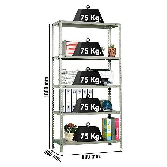 Simonrack Simonclassic Metallregal Advantage - L x B x H: 30 x 90 x 180 cm, Traglast: 75 kg/Boden, Anzahl Böden: 5 Stk., Schrauben, Grau - Skizze