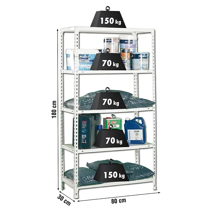 Simonrack Simonclick Metallregal - L x B x H: 30 x 80 x 180 cm, Traglast: 150 kg/Boden, Anzahl Böden: 5 Stk., Stecken, Weiß - Skizze