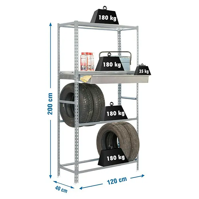 Simonrack Simongarage Metall-Reifenregal Box Plus - L x B x H: 40 x 120 x 200 cm, Traglast: 200 kg/Boden, Anzahl Böden: 4 Stk., Stecken, Grau - Skizze