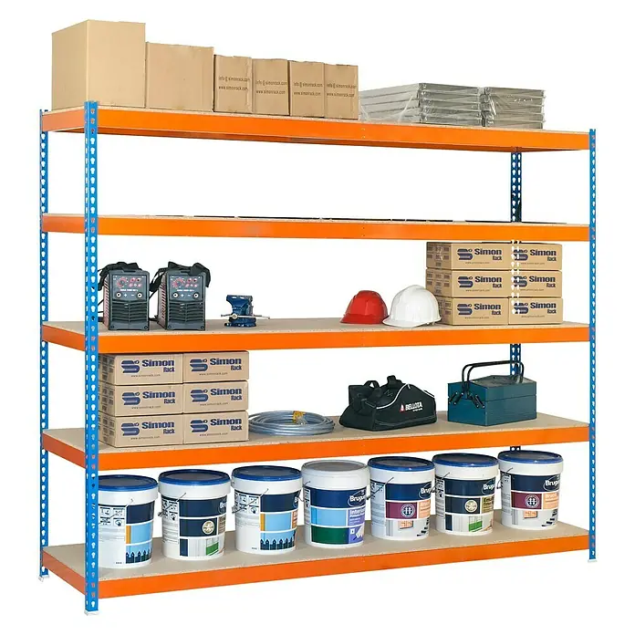 Simonrack Simonforte Metall-Schwerlastregal - L x B x H: 45 x 300 x 120 cm, Traglast: 600 kg/Boden, Anzahl Böden: 5 Stk., Blau/Orange - Diagonale Ansicht