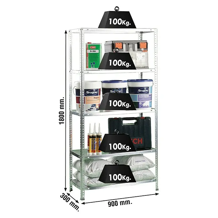 Simonrack Comfort Metallregal - L x B x H: 30 x 90 x 180 cm, Traglast: 100 kg/Boden, Anzahl Böden: 5 Stk., Schrauben, Silber - Skizze