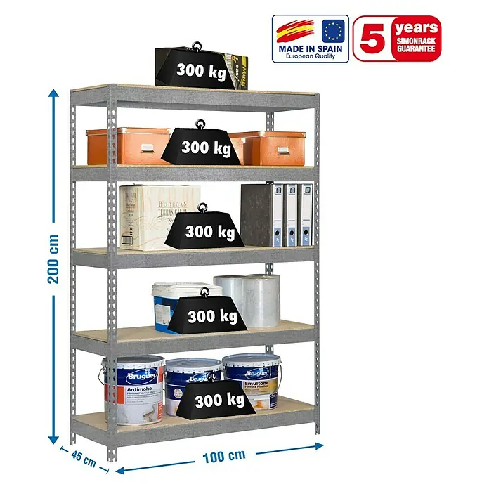 Simonrack Bricoforte Metall-Schwerlastregal - L x B x H: 45 x 100 x 200 cm, Traglast: 300 kg/Boden, Anzahl Böden: 5 Stk., Silber, Material Boden: Holz - Skizze