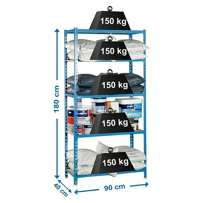 Simonrack Maderclick Metallregal - L x B x H: 40 x 90 x 180 cm, Traglast: 150 kg/Boden, Anzahl Böden: 5 Stk., Stecken, Blau - Skizze