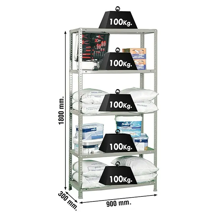 Simonrack Comfort Metallregal - L x B x H: 30 x 90 x 180 cm, Traglast: 100 kg/Boden, Anzahl Böden: 5 Stk., Schrauben, Grau - Skizze