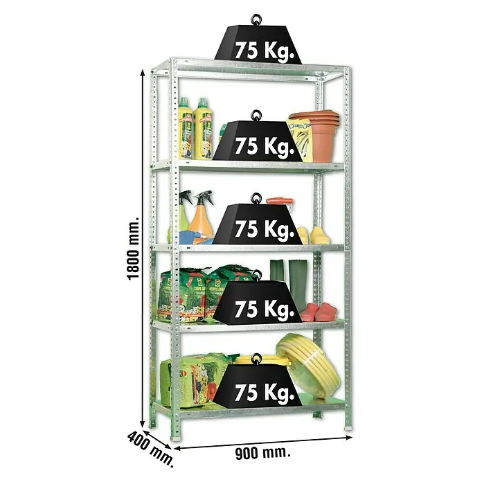 Simonrack Simonclassic Metallregal Advantage - L x B x H: 40 x 90 x 180 cm, Traglast: 75 kg/Boden, Anzahl Böden: 5 Stk., Schrauben, Silber - Skizze