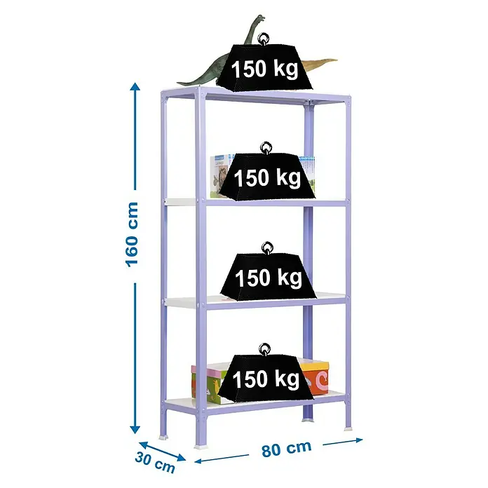 Simonrack Homeclick Metallregal Mini - L x B x H: 30 x 80 x 160 cm, Traglast: 150 kg/Boden, Anzahl Böden: 4 Stk., Lila - Skizze