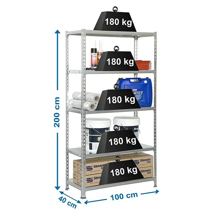 Simonrack Simonclick Metallregal Plus - L x B x H: 40 x 100 x 200 cm, Traglast: 180 kg/Boden, Anzahl Böden: 5 Stk., Stecken, Silber - Skizze