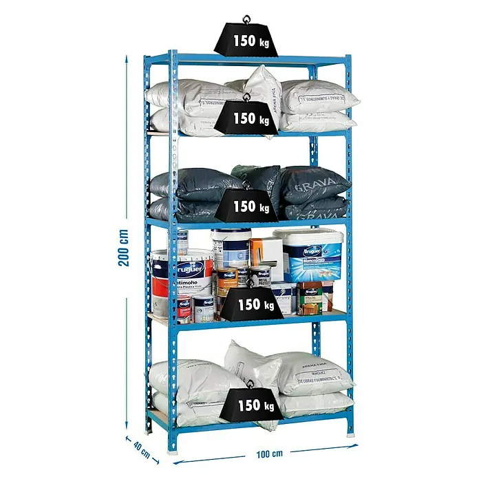 Simonrack Maderclick Metallregal Plus - L x B x H: 40 x 100 x 200 cm, Traglast: 150 kg/Boden, Anzahl Böden: 5 Stk., Stecken, Blau - Skizze