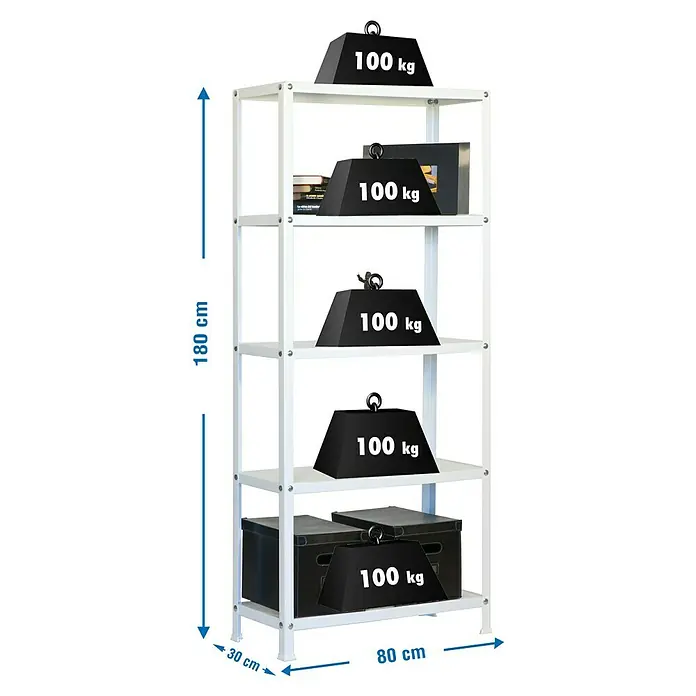 Simonrack Homeclassic Metallregal - L x B x H: 30 x 80 x 180 cm, Traglast: 100 kg/Boden, Anzahl Böden: 5 Stk., Schrauben, Weiß - Skizze