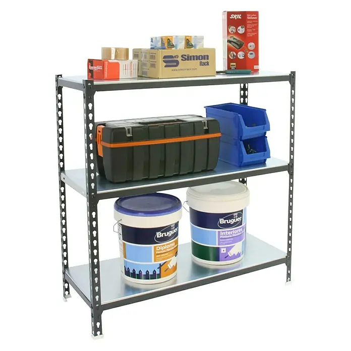 Simonrack Simonclick Metallregal - L x B x H: 30 x 100 x 90 cm, Traglast: 180 kg/Boden, Anzahl Böden: 3 Stk., Stecken, Anthrazit/Weiß - Anwendungsbeispiel
