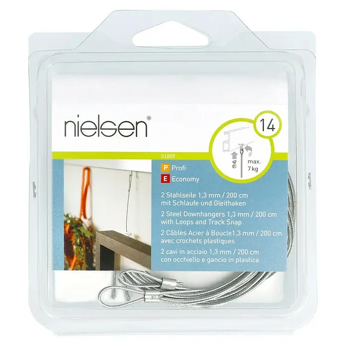 Nielsen Stahlseil - L x B: 200 cm x 1,3 mm, Passend für: Nielsen Galerieschiene Economy/Profi, Mit Schlaufe und Gleithaken - Vorderansicht