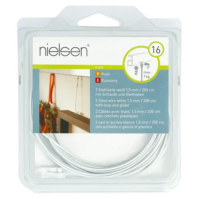 Nielsen Stahlseil - L x B: 200 cm x 1,5 mm, Passend für: Nielsen Galerieschiene Economy/Profi, Mit Schlaufe und Gleithaken - Vorderansicht
