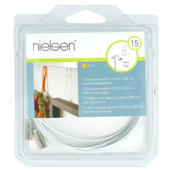 Nielsen Stahlseil - L x B: 200 cm x 1,5 mm, Passend für: Nielsen Galerieschiene Economy/Profi, Mit Schraubgleiter - Vorderansicht