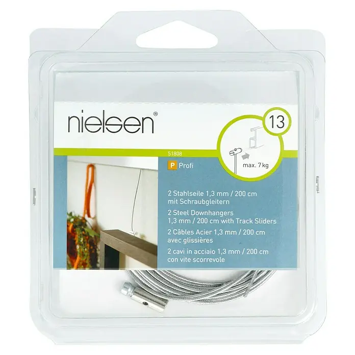 Nielsen Stahlseil - L x B: 200 cm x 1,3 mm, Passend für: Nielsen Galerieschiene Economy/Profi, Mit Schraubgleiter - Vorderansicht