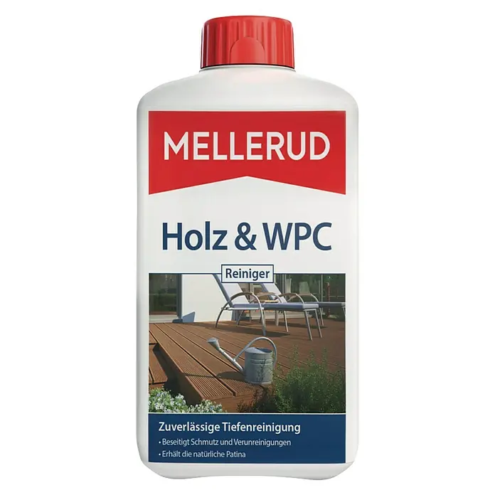 Mellerud Reinigungsmittel Holz & WPC Reiniger - 1 l, Flasche mit kindergesichertem Verschluss - Vorderansicht