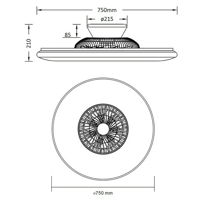 Trio Lighting Ventilador de techo Visby - Diámetro: 75 cm, Blanco, 60 W, AC - Dibujo técnico