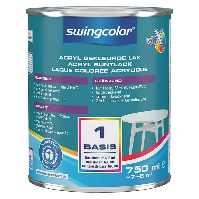 swingcolor Mix Kleurlak Acryl 2in1 - Mengkleur basis, 750 ml, Glanzend - Vooraanzicht