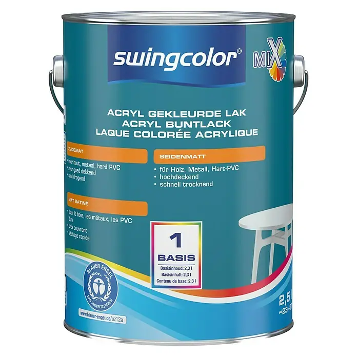 swingcolor Mix Kleurlak Acryl 2in1 - Mengkleur basis, 2,5 l, Zijdemat - Vooraanzicht