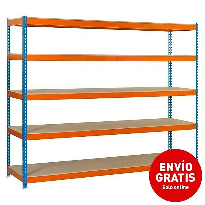 Simonrack Simonforte Estantería para cargas pesadas Chipboard - L x An x Al: 90 x 180 x 200 cm, Capacidad de carga: 600 kg/balda, Número de baldas: 5 ud., Azul/Naranja - Vista angular