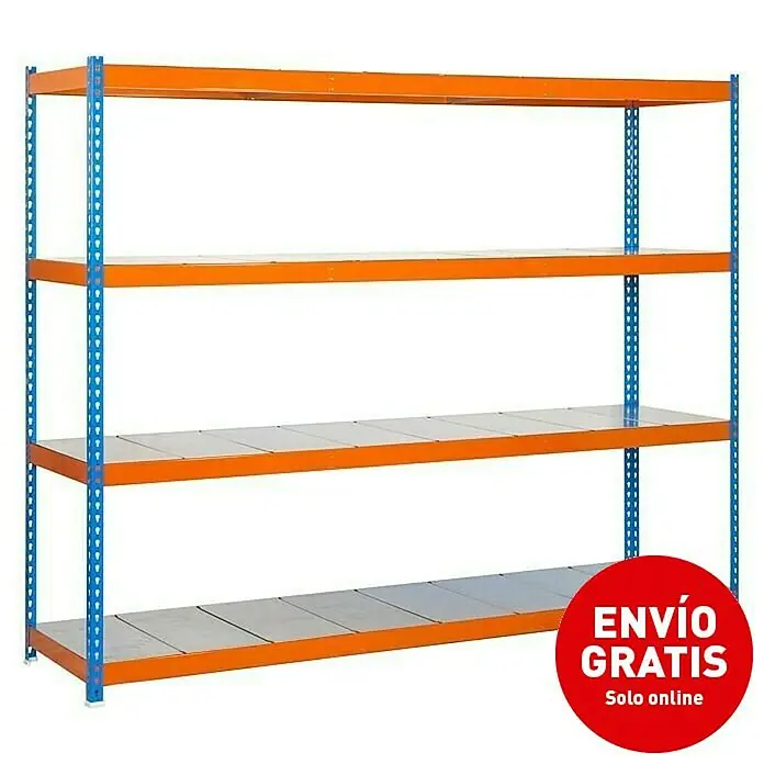 Simonrack Simonforte Estantería para cargas pesadas Metal - L x An x Al: 60 x 180 x 200 cm, Capacidad de carga: 600 kg/balda, Número de baldas: 4 ud., Azul/Naranja - Vista angular