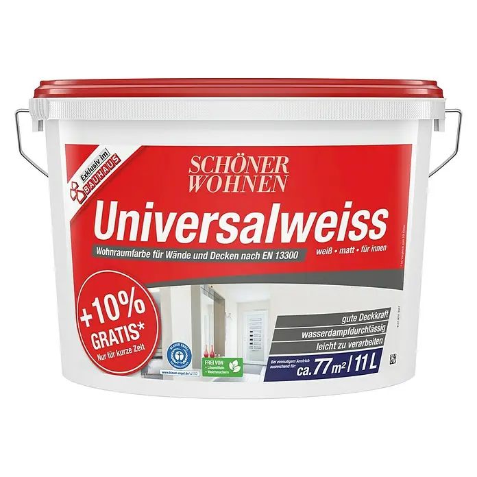 SCHÖNER WOHNEN-Farbe Wandfarbe Universalweiß - Weiß, 11 l, Matt - Vorderansicht