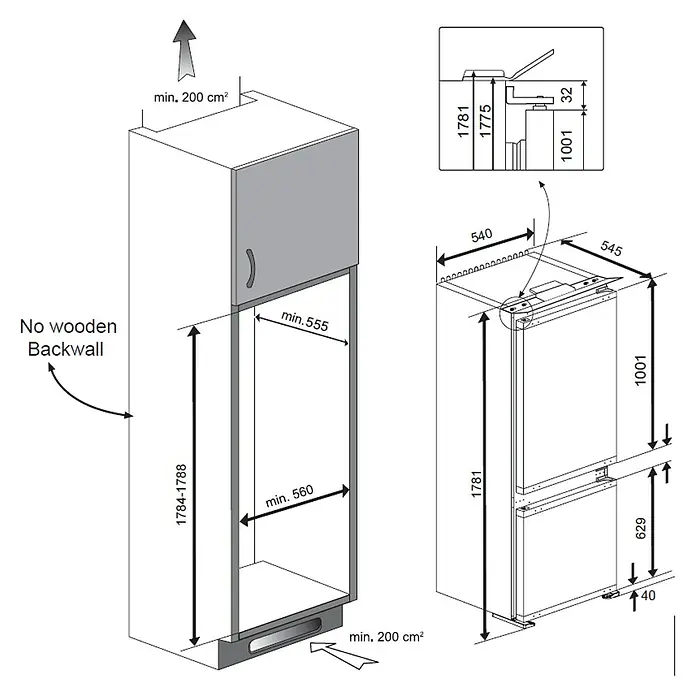 Beko Nevera combi BCHA275E4SN - Contenido útil total: 262 l, 54,5 x 54 x 177,5 cm, Blanco - Dibujo técnico