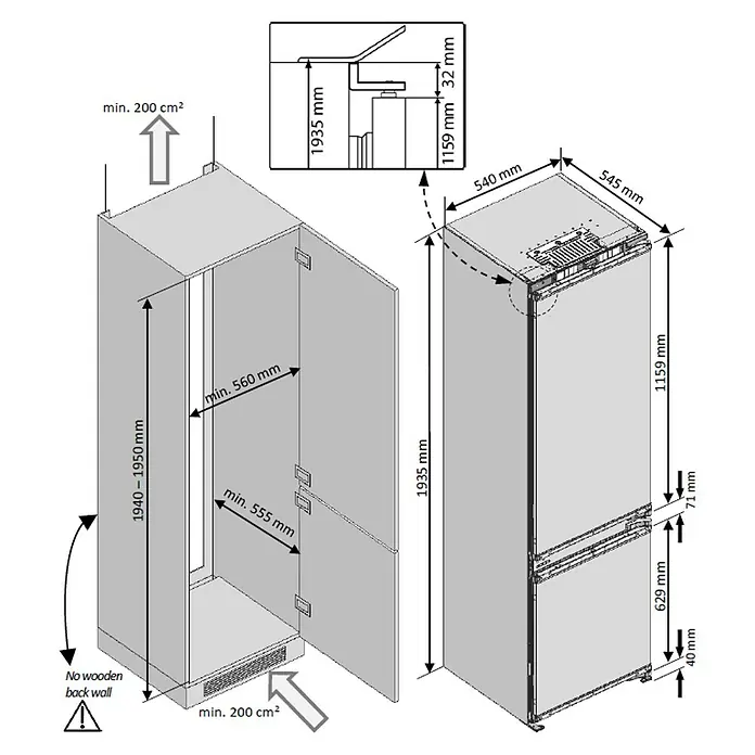 Beko Nevera combi BCNA306E3SN - Contenido útil total: 284 l, 54,5 x 54 x 193,5 cm, Blanco - Dibujo técnico
