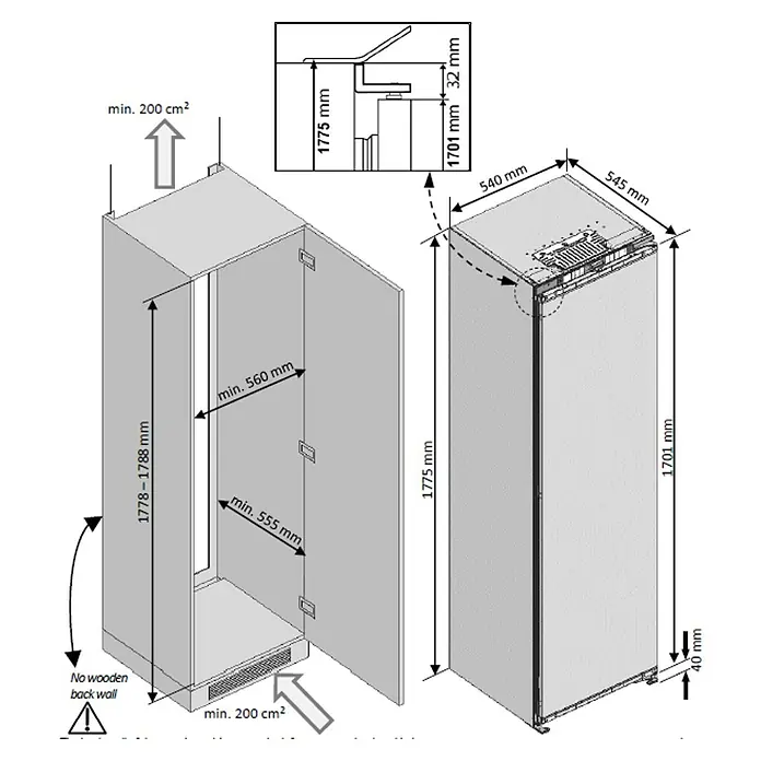 Beko Congelador BFNA247E30SN - Contenido útil total: 220 l, L x An x Al: 54,5 x 54 x 177,5 cm, Blanco - Dibujo técnico