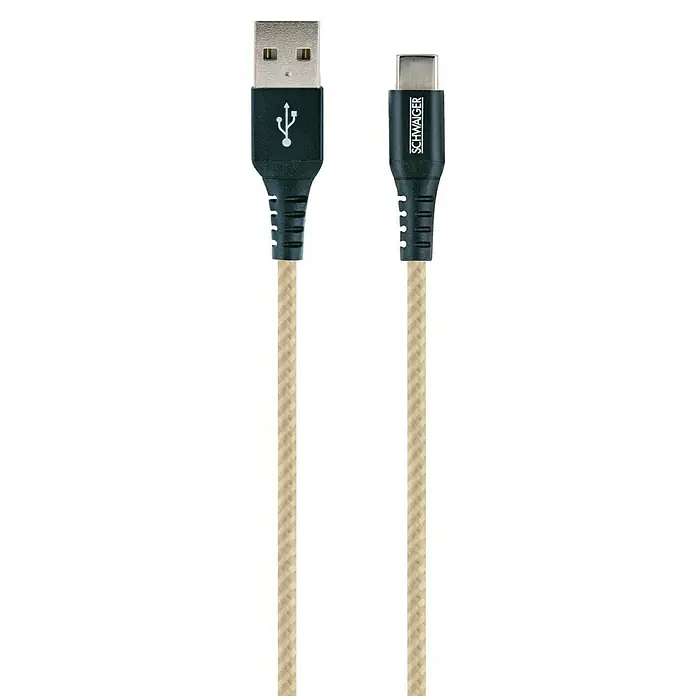 Schwaiger USB-Ladekabel - 1,2 m, USB A-Stecker, USB C-Stecker, Hanfbraun - Detailaufnahme