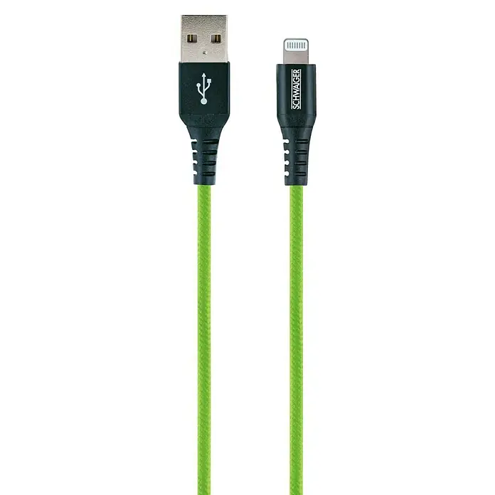 Schwaiger USB-Ladekabel - 1,2 m, USB A-Stecker, Lightning-Stecker, Giftgrün - Detailaufnahme