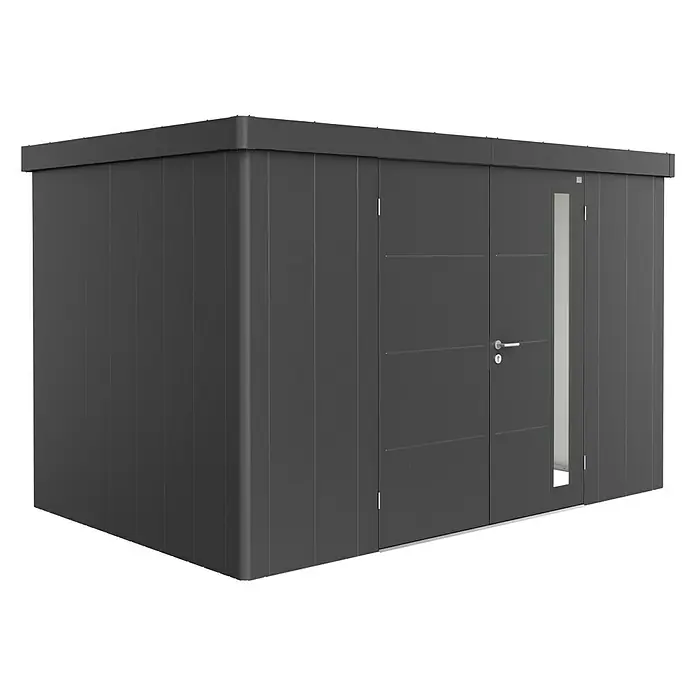 Kerti tároló Neo 2D - Külső szélesség tető túlnyúlással: 348 cm, Külső mélység tető túlnyúlással: 236 cm, Acél, Sötétszürke metál, Dupla ajtó - Szögletes nézet