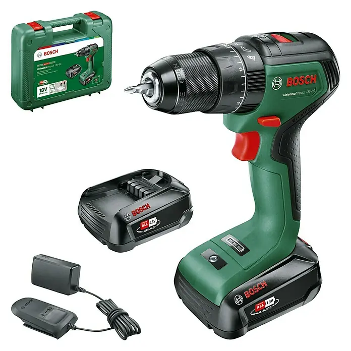 Bosch 18 V Power for All Akku-Bohrschrauber UniversalDrill 18V-60 - 18 V, 2 Akkus, Leerlaufdrehzahl: 0 U/min - 1.900 U/min - Diagonale Ansicht