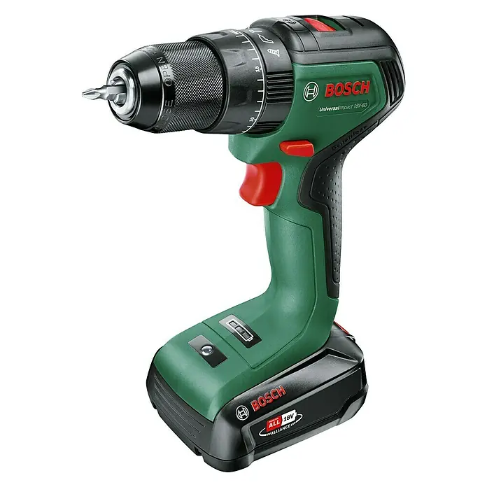 Bosch 18 V Power for All Akku-Schlagbohrschrauber UniversalImpact 18V-60 - 18 V, 1 Akku, 2 Ah, Leerlaufdrehzahl: 0 U/min - 1.900 U/min - Diagonale Ansicht