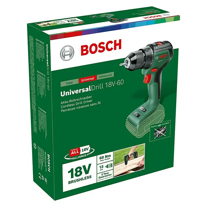 Bosch 18 V Power for All Akku-Bohrschrauber UniversalDrill 18V-60 - 18 V, Ohne Akku, Leerlaufdrehzahl: 0 U/min - 1.900 U/min - Diagonale Ansicht