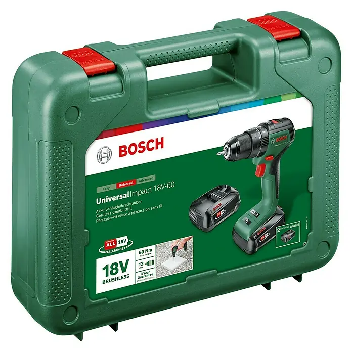 Bosch 18 V Power for All Akku-Schlagbohrschrauber UniversalImpact 18V-60 - 18 V, 2 Akkus, 2 Ah, Leerlaufdrehzahl: 0 U/min - 1.900 U/min - Diagonale Ansicht
