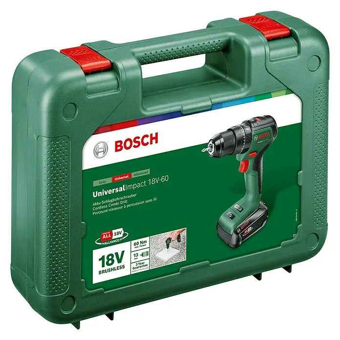 Bosch 18 V Power for All Akku-Bohrschrauber UniversalDrill 18V-60 - 18 V, 1 Akku, Leerlaufdrehzahl: 0 U/min - 1.900 U/min - Diagonale Ansicht