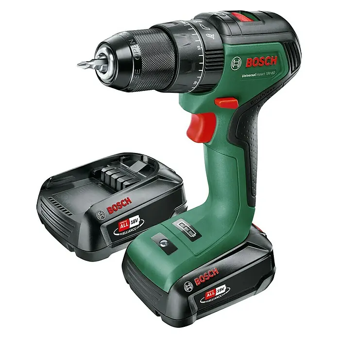 Bosch 18 V Power for All Akku-Schlagbohrschrauber UniversalImpact 18V-60 - 18 V, 2 Akkus, 2 Ah - 4 Ah, Leerlaufdrehzahl: 0 U/min - 1.900 U/min - Diagonale Ansicht